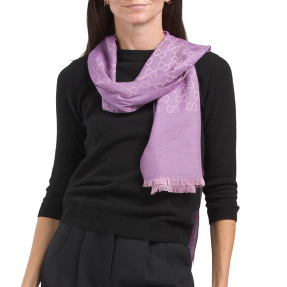 GUCCI Made In Italy Wool Silk Blend Luxury Logo Scarf Lilac 18in W x 71in L NWT - Picture 5 of 15